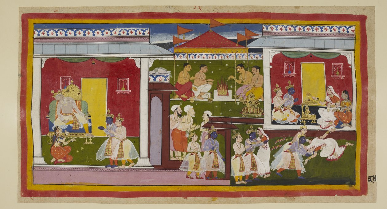 Přidejte 15296 (1) f.34r, Ráma přijímá své vyhoštění s dokonalou vyrovnaností a on a Laksmana se rozcházejí s Kaikeyi a Dasaratha, kteří se skloněnou hlavou a odvráceným pohledem se nemohou přimět podívat na svého syna. On a Laksmana opouštějí Kaikeyiho pa od Indian School