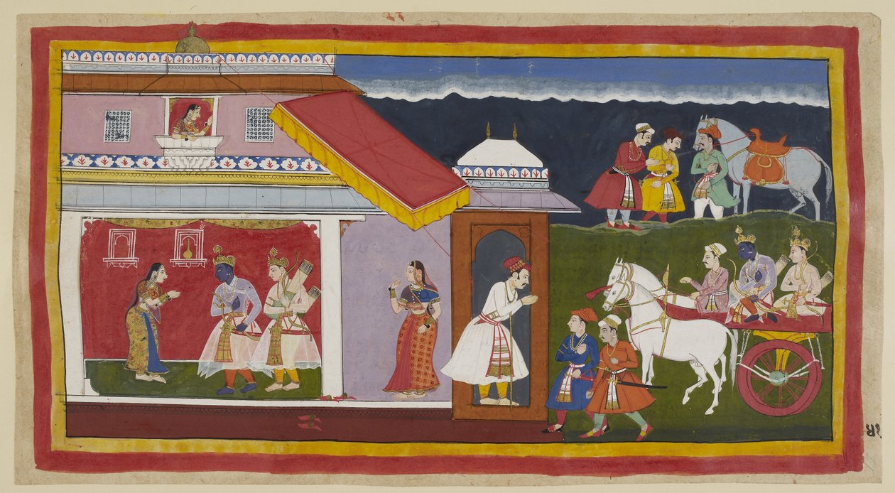 Add 15296 (1) f.41r, Poté, co konečně přesvědčili svou matku a bratra, aby klidně přijali jeho osud, se Ráma a Laksmana vrátí do jeho vlastního paláce ve voze a Rámova hlava skloněná ve své obvyklé pokoře. Potká je Sita, která ho poprvé zahlédla z u od Indian School