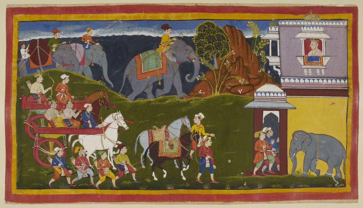 Přidejte 15296 (1) f.4r, Bharata, Shatrughna a jejich strýc, spolu se strážci a dvěma vedenými jezdeckými koňmi, s naloženými slony za horizontem, dorazí do paláce krále Kekaya, dědečka Bharaty z matčiny strany, který je očekává. vyhlíží od Indian School
