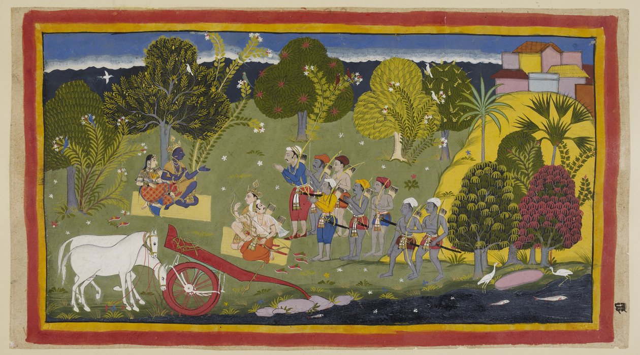 Add 15296 (1) f.63r, Společníci dosáhli řeky Ganga v Srngaverapura Ráma a Sita sedí na rohoži ze slámy pod stromem, který má být Ingudi stromem, zatímco Laksmana a Sumantra sedí podobně čelem k nim. Koně byli unhar od Indian School