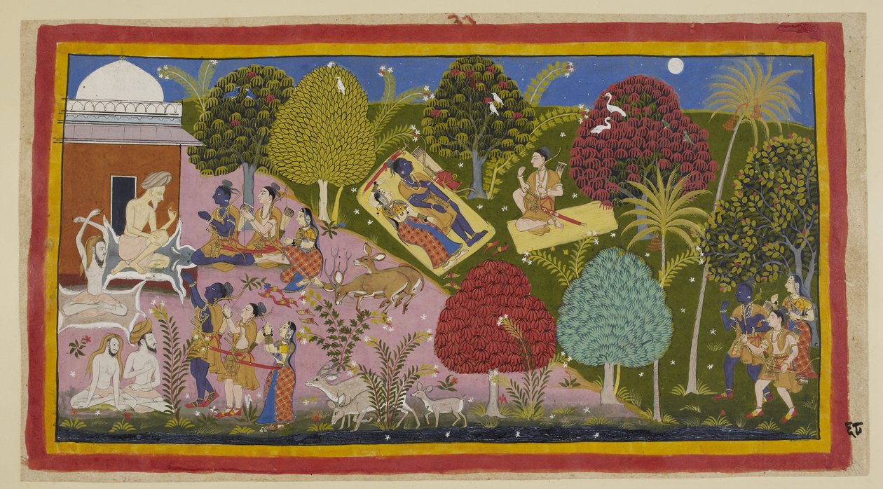 Přidat 15296 (1) f.68r, Uprostřed nahoře všichni tři nocují v lese. Sita a Ráma leží na jedné podložce s mečem a lukem vedle něj, zatímco Laksmana sedící na jeho podložce kárá Rámu, že dal průchod žalu. Ve spodní části pak pokračují k ní od Indian School