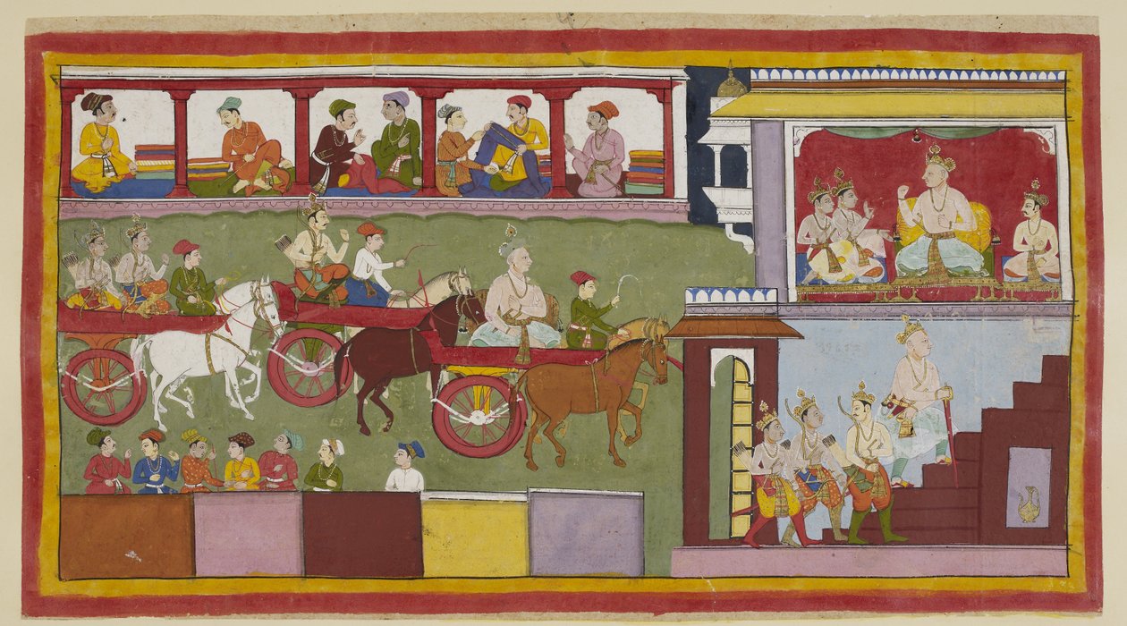 Add 15296 (1) f.6r, Tři vozy přepravují krále, jeho syna a dva mladé prince přes bazar. Přední strany vzdálených obchodů jsou viditelné s obchodníky prodávajícími látky a zadní strany těch níže. Ve svém paláci napravo, postarší král, usi od Indian School