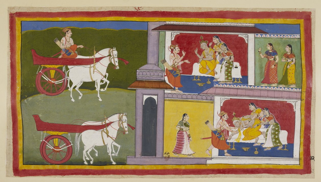 Add 15296 (1) f.72r, Nalevo se Sumantra vrací do Ayodhya a vstupuje do paláce, aby předala Rámovu poslední zprávu králi, který sedí s Kausalya a Sumitra vedle něj. Král padá v mdlobách a je chycen Sumantrou a královnami. od Indian School