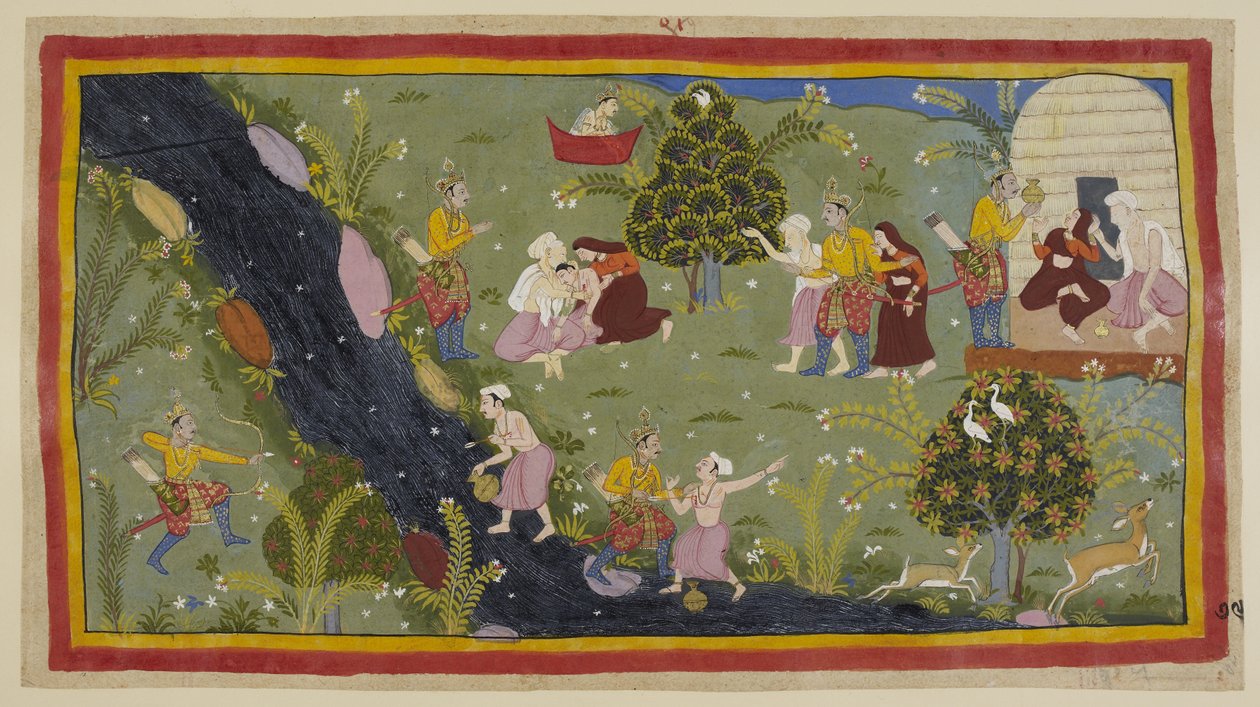 Přidejte 15296 (1) f.79r, Dasaratha vypráví královnám o incidentu v mládí, kdy při lovu omylem zabil syna mudrce. Vlevo Dasaratha omylem míří lukem mezi stromy na mladíka, který na druhém plní svůj džbán s vodou. od Indian School