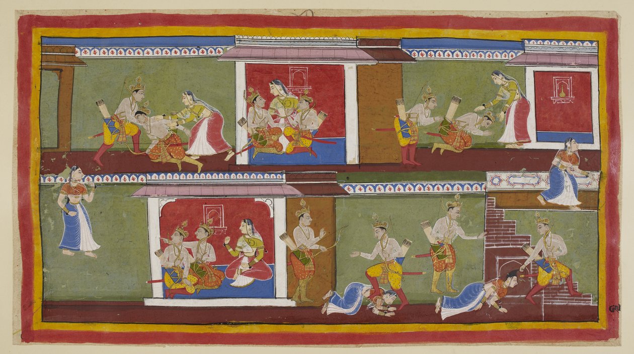Add 15296 (1) f.89r, Nahoře vpravo zdraví Bharata a Shatrughna Kaikeyi, která si je vezme na klín, a povídají si o nedávných událostech. Bharata upadne do mdlob, když se dozví o smrti svého otce a o tom, co jeho matka udělala, aby ho zajistila od Indian School