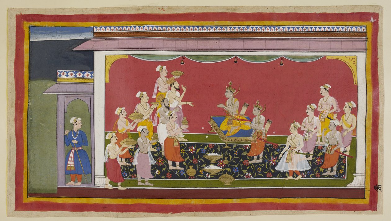 Add 15296 (1) f.96r, Bharata a Shatrughna vykonali pohřební obřady svého otce a o čtrnáct dní později, po předepsané době smutku, kněží v čele s Vasisthou a ministry přinesou potřebné předměty pro korunovaci do Bharaty v roce od Indian School