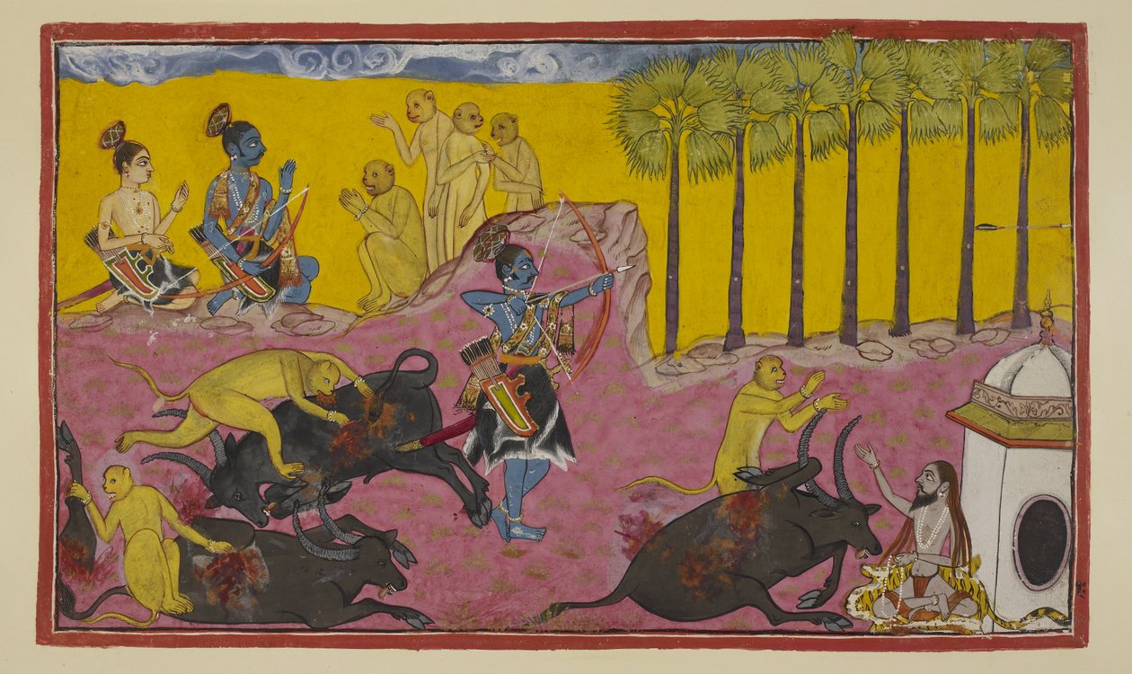Přidejte 15296 (2) f.12r, Sugriva a jeho opice, vidět nahoře vlevo, pokračují ve vyprávění Rámovi a Laksmanovi příběh o Balli a Dundubhi. Bali byl tak mocný, že dokázal odtrhnout úd démona od končetiny a pak mršinu vymrštit do vzduchu. U od Indian School