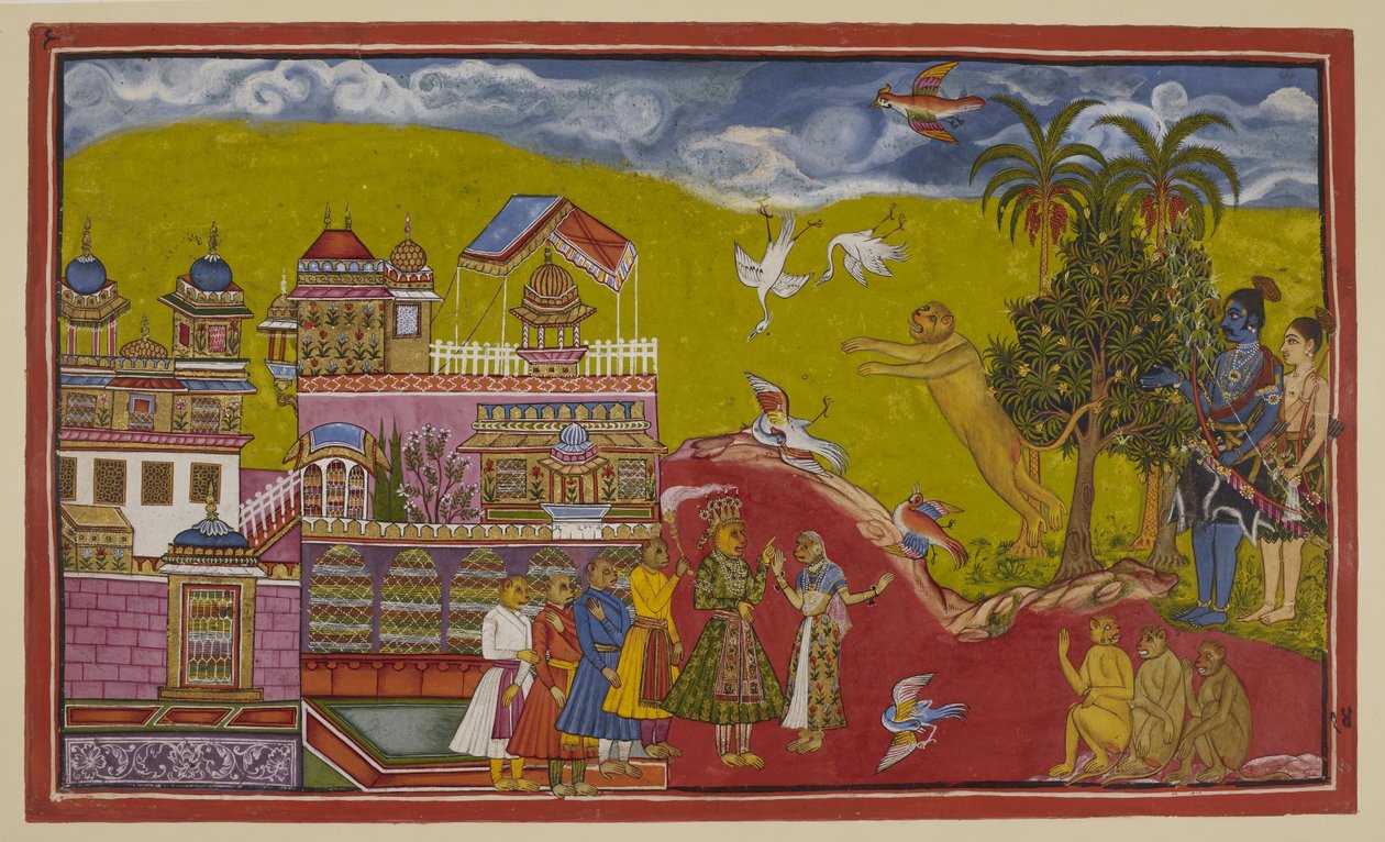 Přidejte 15296 (2) f.14r, Sugriva a jeho spojenci přišli do Balliho paláce v Kiskindha. Sugriva zařve svou výzvu takovým způsobem, že ptáci vyděšeně spadnou z nebe. Balli, jeho královna Tara a jeho ministři se objevili, když slyšeli povyk. Th od Indian School