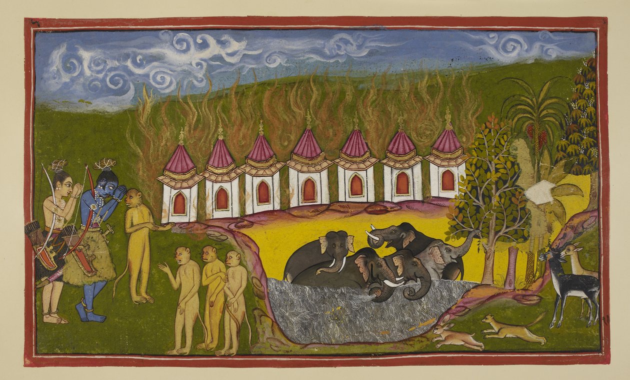 Add 15296 (2) f.15r, Sugriva byl poražen a vyčítá Rámovi, že mu nepomohl, ale Ráma mu řekl, že nebyl schopen rozlišit mezi ním a jeho bratrem. Na cestě zpět do Kiskindha, aby obnovili svou výzvu, Ráma a Laksmana pozdravují Saptaje od Indian School