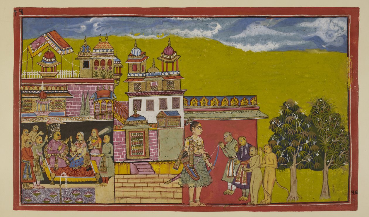 Add 15296 (2) f.34r, Laksmana, stále u bran Kiskindha, vítají Sugrivovi ministři, zatímco uvnitř paláce Sugriva radí jeho ministři a Tara. od Indian School