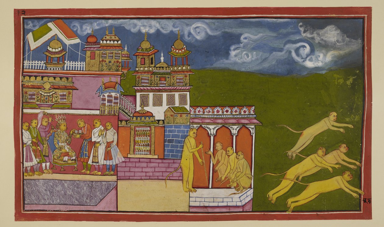 Add 15296 (2) f.36r, Na této mírně nemístné ilustraci Sugriva sedící na svém trůnu, přijímající drink od obsluhy, dostal od Hanumana radu, aby uklidnil Laksmanův hněv. Sugriva na Hanumanovo naléhání vyslal posly, aby svolali jeho od Indian School