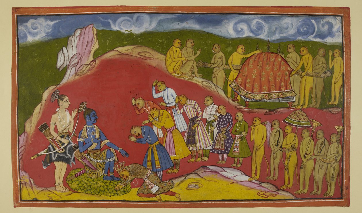 Add 15296 (2) f.44r, Rama seated on a seat of lotus petals in his cave, with Laksmana standing beside him, is overjoyed at seeing the vast army of monkeys that Sugriva has brought with him. Sugriva falls at Rama