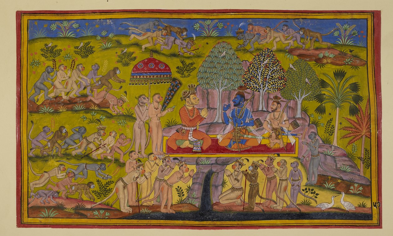 Add 15296 (2) f.57r, Zatímco Sugriva stále mluví o svých dřívějších dobrodružstvích se dvěma bratry, opice vyslané do východní, severní a západní části se vracejí a hlásí, že jejich hledání bylo marné, nic nenasvědčovalo ze Sita. od Indian School