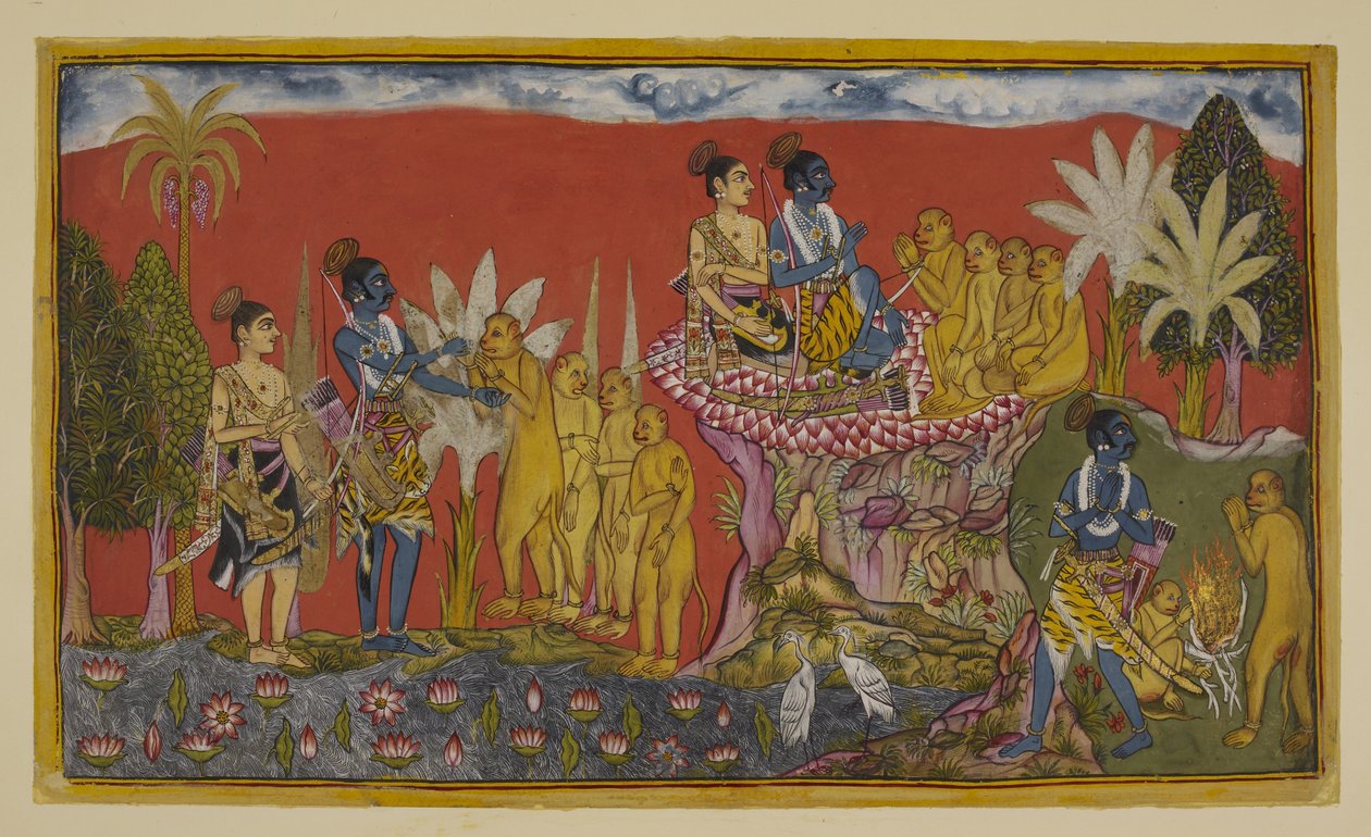 Přidejte 15296 (2) f.5r, Hanuman nyní přivádí Rámu a Laksmanu do přítomnosti Sugrivy na hoře. Ráma a Sugriva se sepnou rukama na znamení svého slibu přátelství, sledováni Laksmanou a ostatními opicemi; a pak v podobném duchu ti dva chodí od Indian School