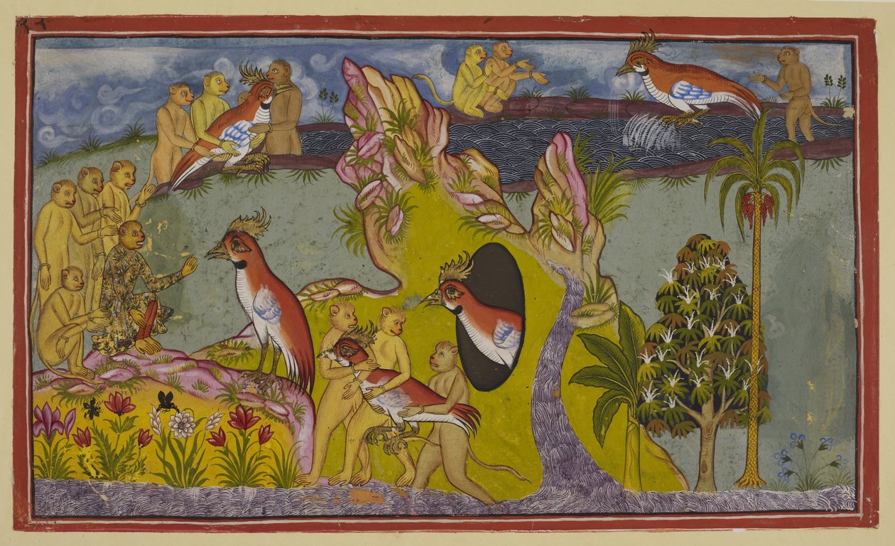 Add 15296 (2) f.68r, Opice se rozhodly zemřít hlady na březích jižního oceánu, než aby se vrátily, aby čelily hněvu svého krále. Vidí je bezkřídlý sup Sampati, bratr supího krále Jatayu, který od Indian School