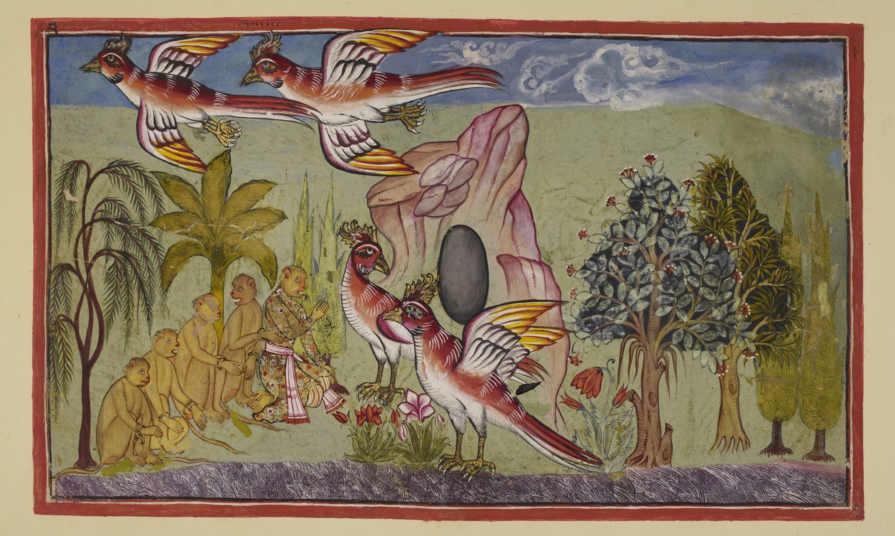 Přidejte 15296 (2) f.74r, Sampatiho křídla znovu narostou, v souladu s proroctvím, že tak učiní, když prokázal službu světu tím, že se dozvěděl, kam byla Sita odvezena, a tím umožnil Rámovi, aby ji získal zpět. Opice vykřiknou úžasem jako od Indian School