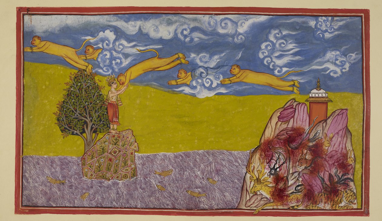 Přidejte 15296 (2) f.84r, Nezděšený šířkou oceánu se Hanuman nafoukne do nesmírných rozměrů a pomocí stále hořící hory Mahendra jako odpalovací rampy se vrhne do vesmíru a přes oceán do ostrovního království La. ?k?. Oceán povzbuzuje od Indian School