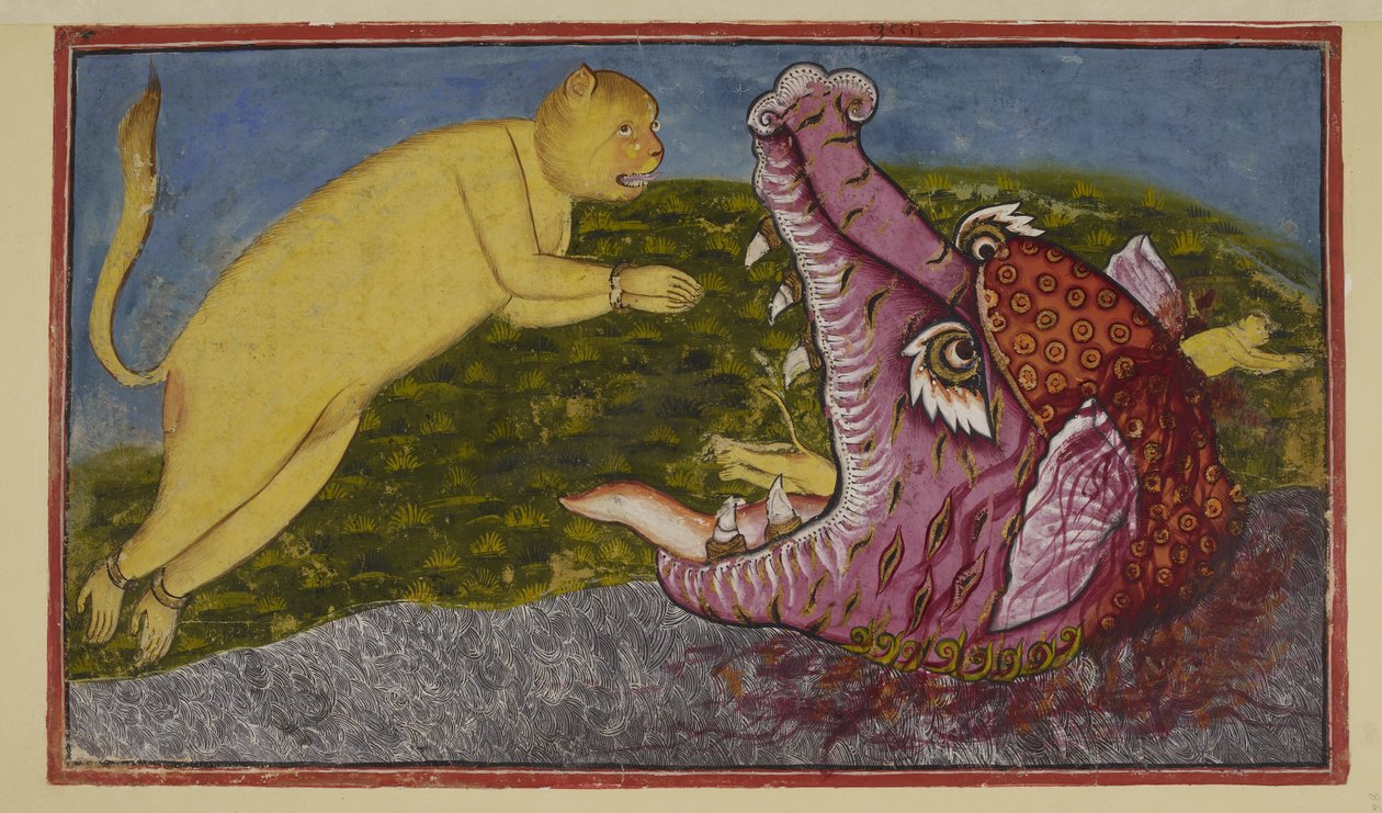 Add 15296 (2) f.86r, Hadí matka Surasa, která přebývá na dně oceánu, pod tlakem bohů, aby vyzkoušela Hanumana, se proměnila ve velké mořské monstrum s mocnými čelistmi, červené, fialové a tesáky. Bez ohledu na to, jak široká ji rozšiřuje od Indian School