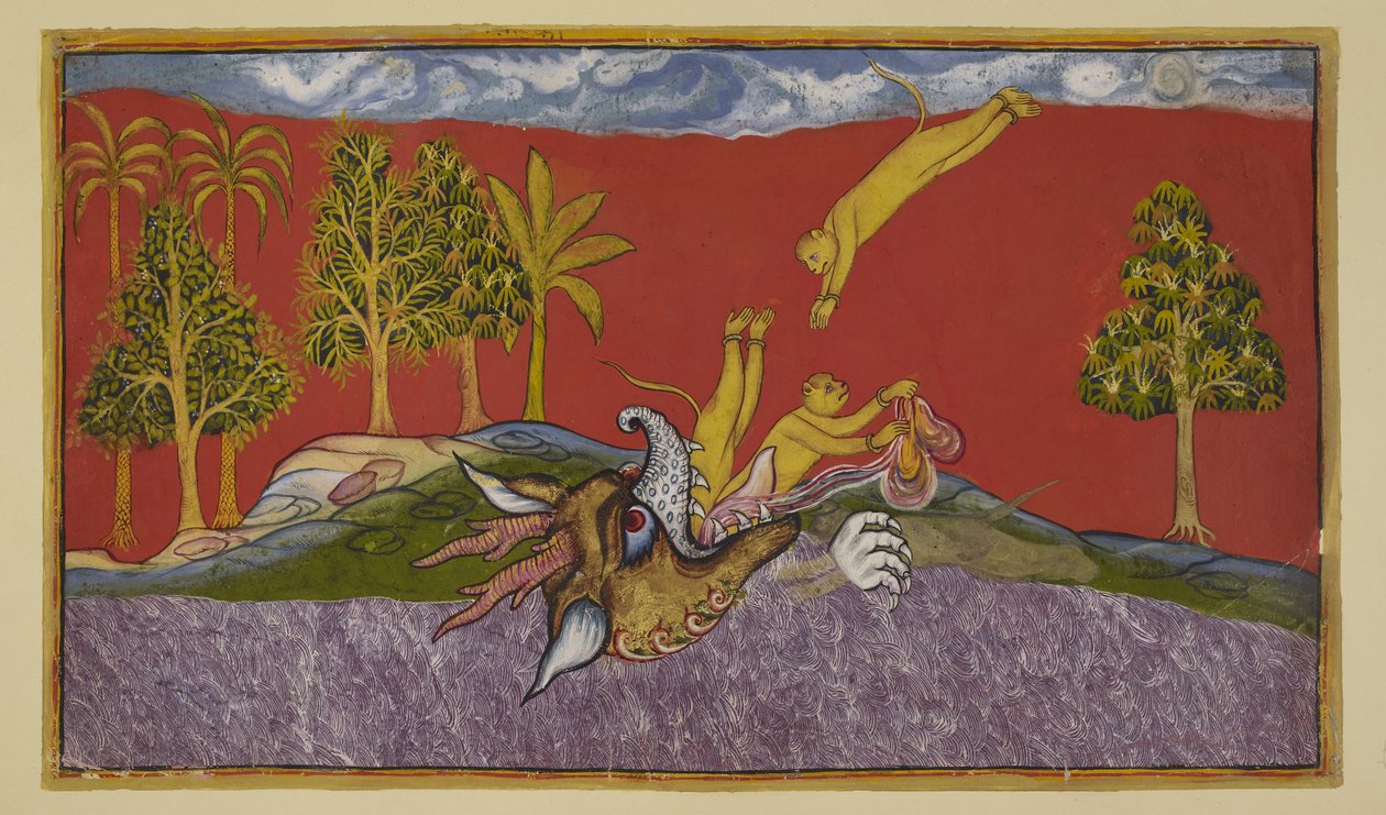 Přidejte 15296 (2) f.87r, Hanuman se noří do úst démonky Siṃhiky od Indian School