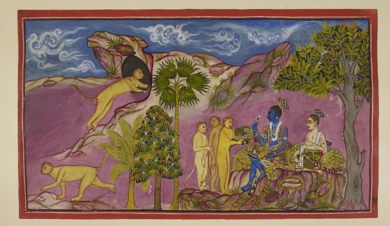 Add 15296 (2) f.9r, Sugriva říká Rámovi, že viděl Situ, jak ho Rávana nese ve voze, jak se snaží a volá jména Rámy a Laksmany. Když ho uviděla dole, nechala spadnout své drahokamy a vrchní oděv. Sugriva běží do jeskyně od Indian School