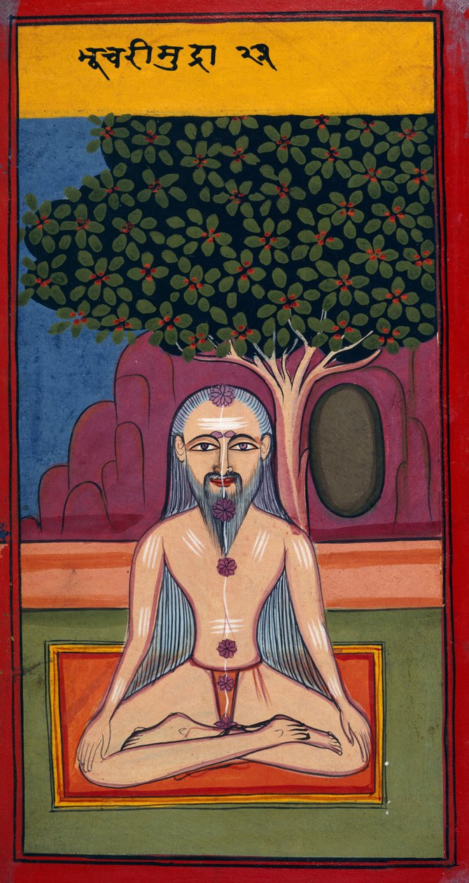Přidat 24099 fol.114v Jogín v pozici Bhusari, z ásan a muder (Hatha jóga) (kvaš na papíře) od Indian School