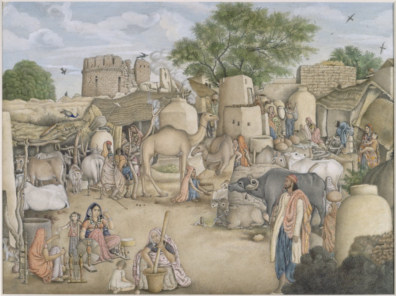 Přidat Or.4057 Pouliční scéna ve vesnici Raniya, kolem 1816-20 (akvarel a kvaš na papíře) od Indian School