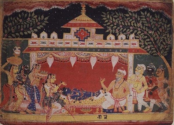 Uctívání dítěte Krišny z rozptýlené ‚Bhagavita Purana‘, Mewar, Rádžasthán od Indian School