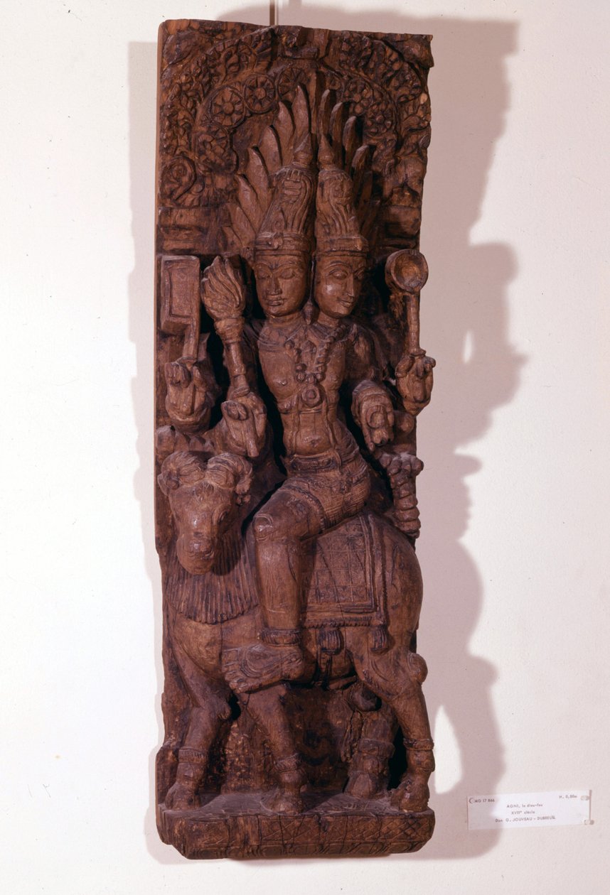 Agni, bůh ohně, zobrazený se dvěma hlavami (bicephal) na beranu, podle hinduistické mytologie. Dřevěná plastika 17. století. Paříž, Musée Guimet. od Indian School