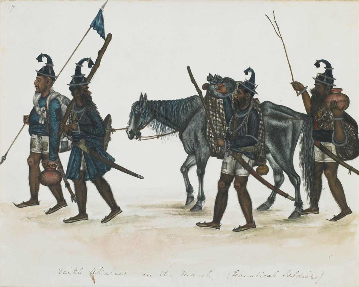 Akali Sikhs on the March, c.1850 (neprůhledný akvarel na papíře) od Indian School