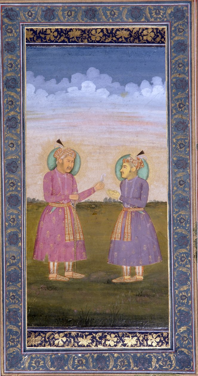 Akbar předává drahokamy svému synovi Jahangirovi, kolem roku 1845 (neprůhledné wc a zlato na papíře) od Indian School