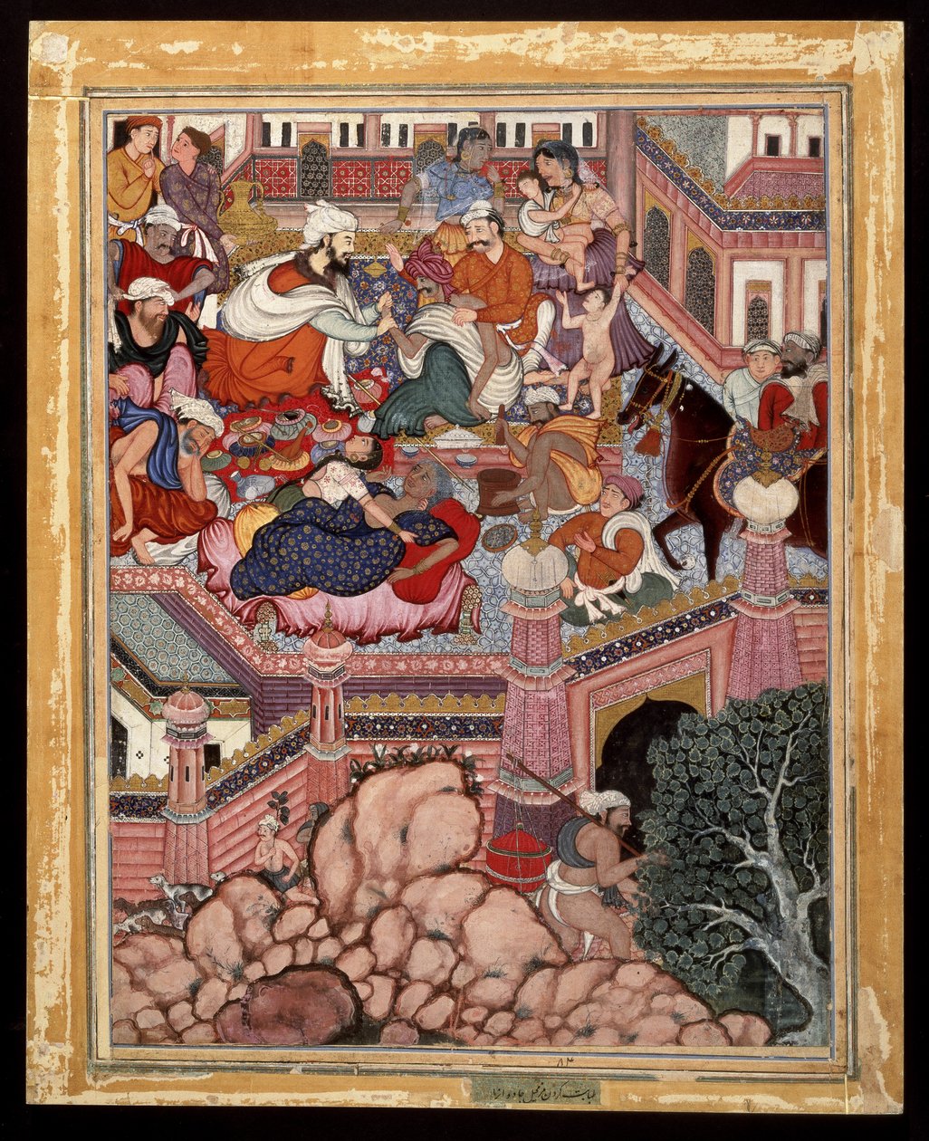 Amr, převlečený za chirurga Mazmahila, praktikuje šarlatánství na čarodějích z Antali, ca. 1570 (neprůhledný akvarel a zlato na bavlně) od Indian School