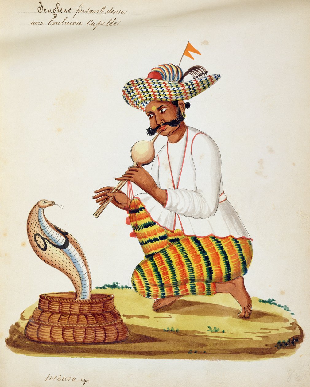 Indický zaříkávač hadů s kobrou z francouzského alba kreseb od Indian School