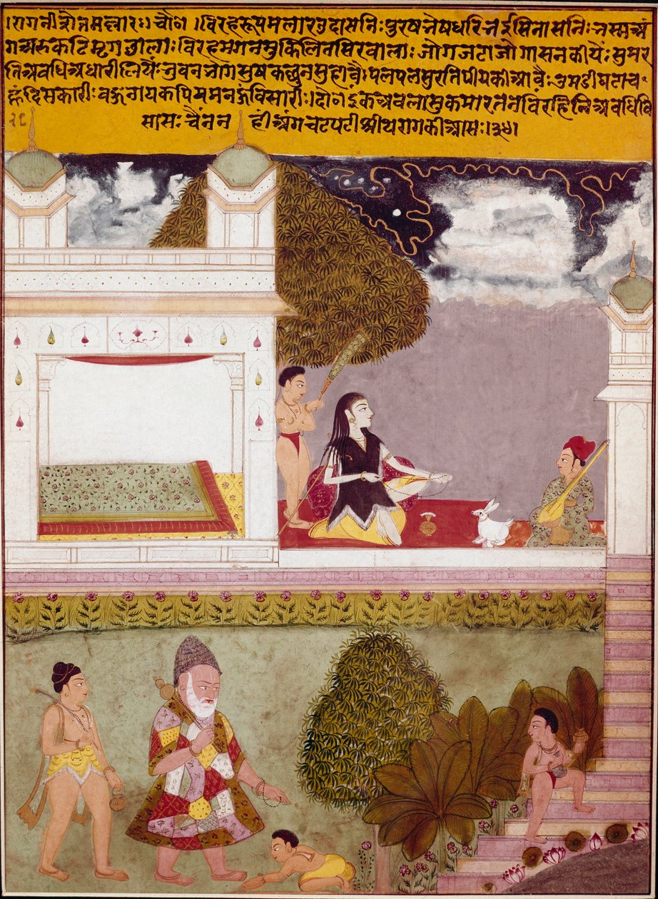 Ascete poslouchá hudbu na terase miniaturního paláce indické školy, kolem roku 1760. Soukromá sbírka od Indian School