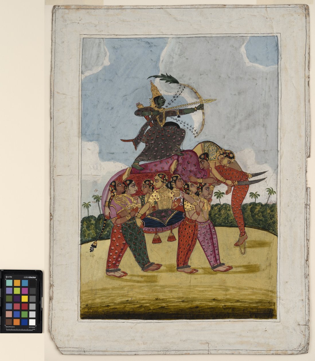 Sloník, složený z tančících žen, slouží jako hora pro lukostřelce, kolem roku 1825 (neprůhledný akvarel a zlato na papíře) od Indian School