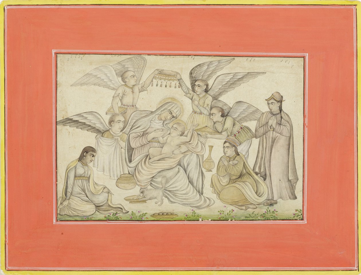 Angels Attend Mary and Jesus, c.1665 (neprůhledné wc a zlato na papíře) od Indian School