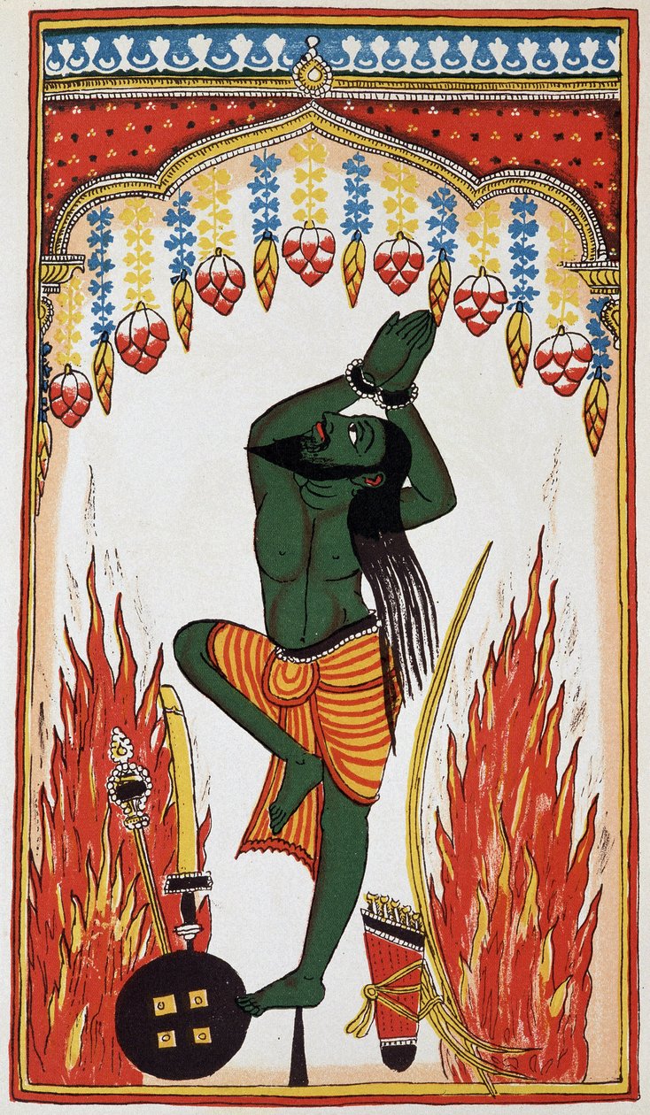 Aradjama se modlí a činí pokání, aby získal zbraně, které ho učiní neporazitelným, litho 18. století. od Indian School