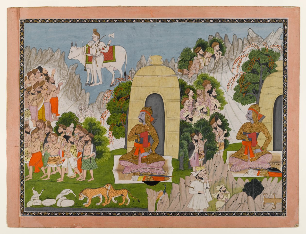 Arjunas Penance, scéna ze série Mahabharata, kolem 1825-40 (wc a zlato na papíře) od Indian School