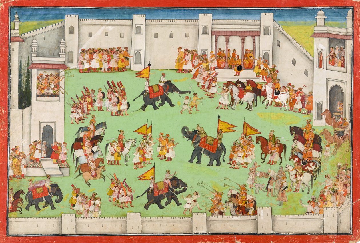 Příjezd ženicha do paláce, folio z Rámájany, cca 1640-1650 od Indian School