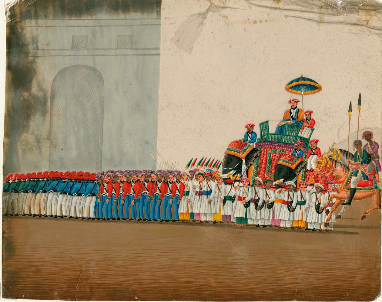 Indické umění: sultán na slonovi (sultán jezdící na slonovi) Kvaš cca 1800 Rozměr 18,6 x 23,5 cm Soukromá sbírka od Indian School