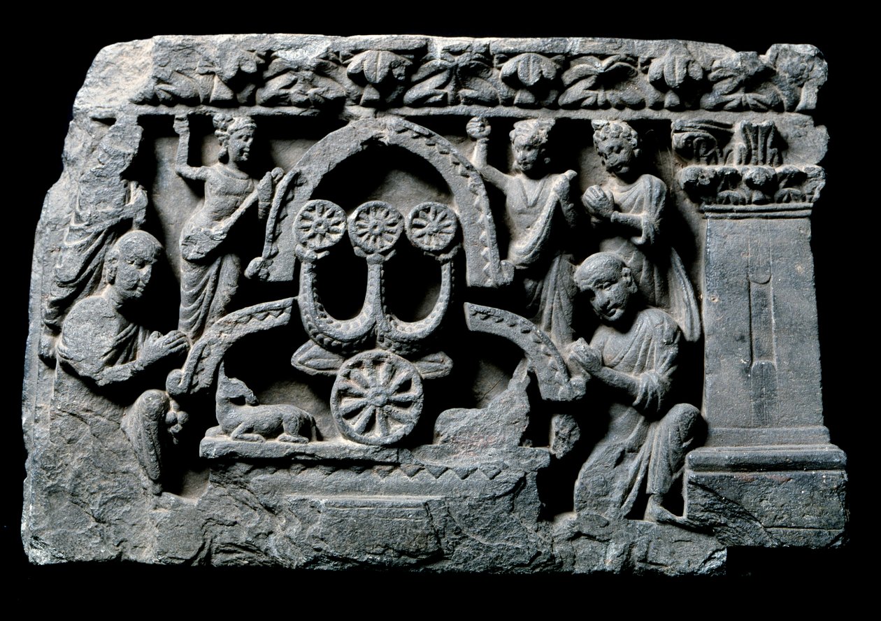Umění Gandhara (neboli řecko-buddhismus): „“Buddha v modlitbě”” zázrak Sravasti (Shravasti nebo Savatthi) (Modlící se Buddha, zázrak Sravasti) Reliéf školy Gandhara - 2. až 4. století - Indické muzeum, Kalkata Indie od Indian School