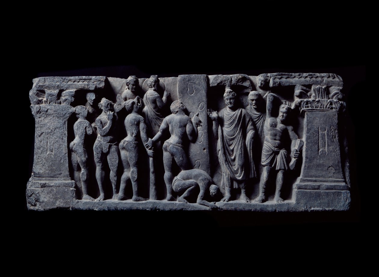 Umění Gandhary (neboli řecko-buddhismus): „“ Lukostřelci z Devadatty útočí na Gautama““ (lukostřelci z Devatty útočí na Gautama Buddhu) Reliéf školy Gandhara – 2. až 4. století – Indické muzeum, Kalkata Indie od Indian School