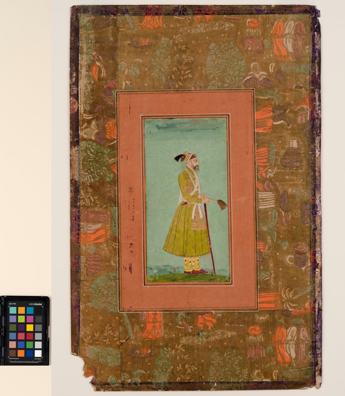 Aurangzeb drží metlu, kolem roku 1680 (neprůhledný akvarel a zlato na papíře, připevněno na stránce alba) od Indian School