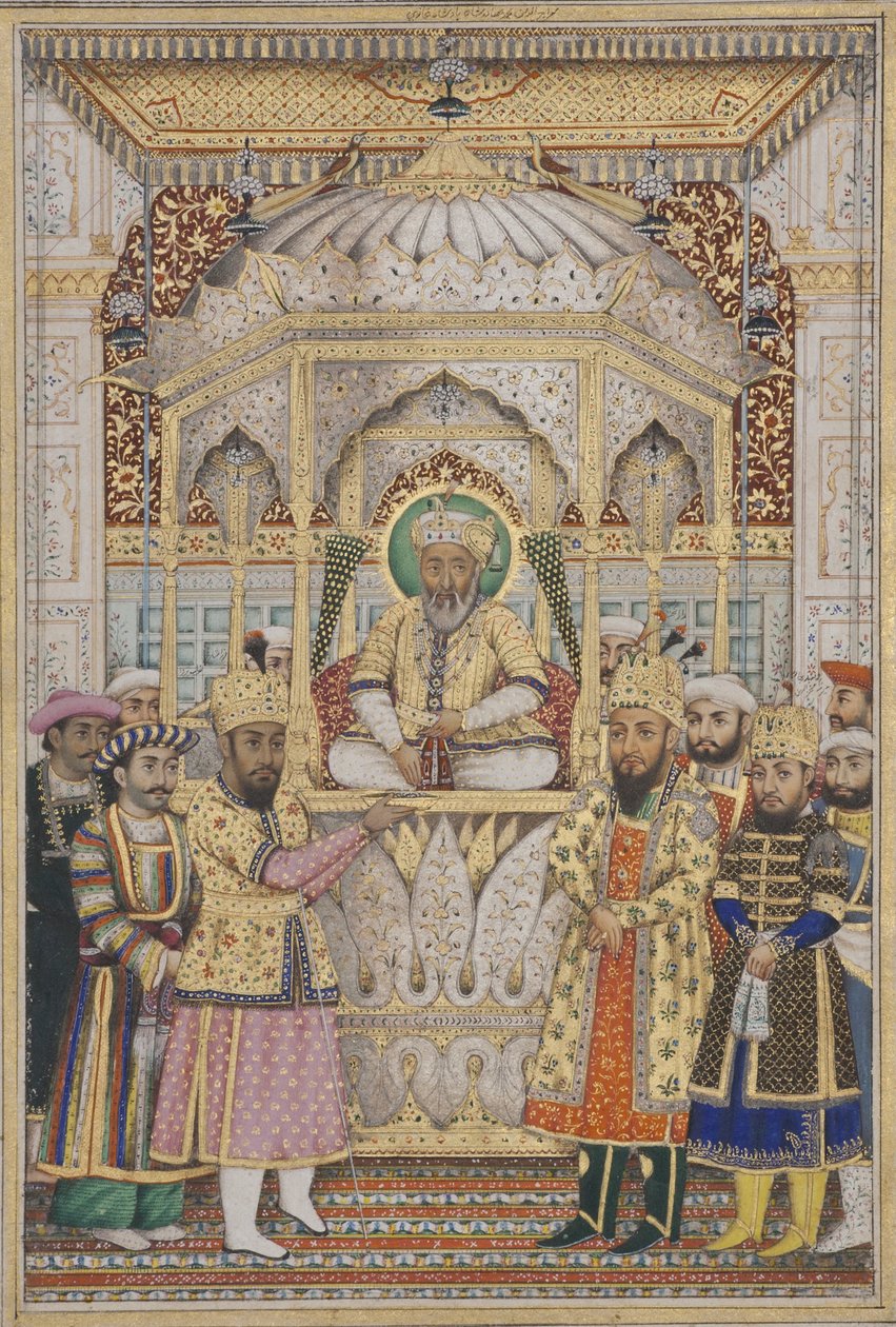 Bahadur Shah II v Darbaru, kolem roku 1837 (neprůhledné wc a zlato na papíře) od Indian School