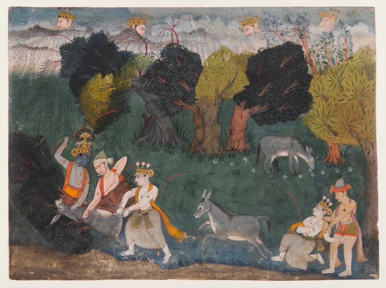 Balarama Kills the Ass Demon, stránka ze série Dispersed Bhagavata Purana Series, cca 1725 (neprůhledný akvarel a stříbro na papíře) od Indian School
