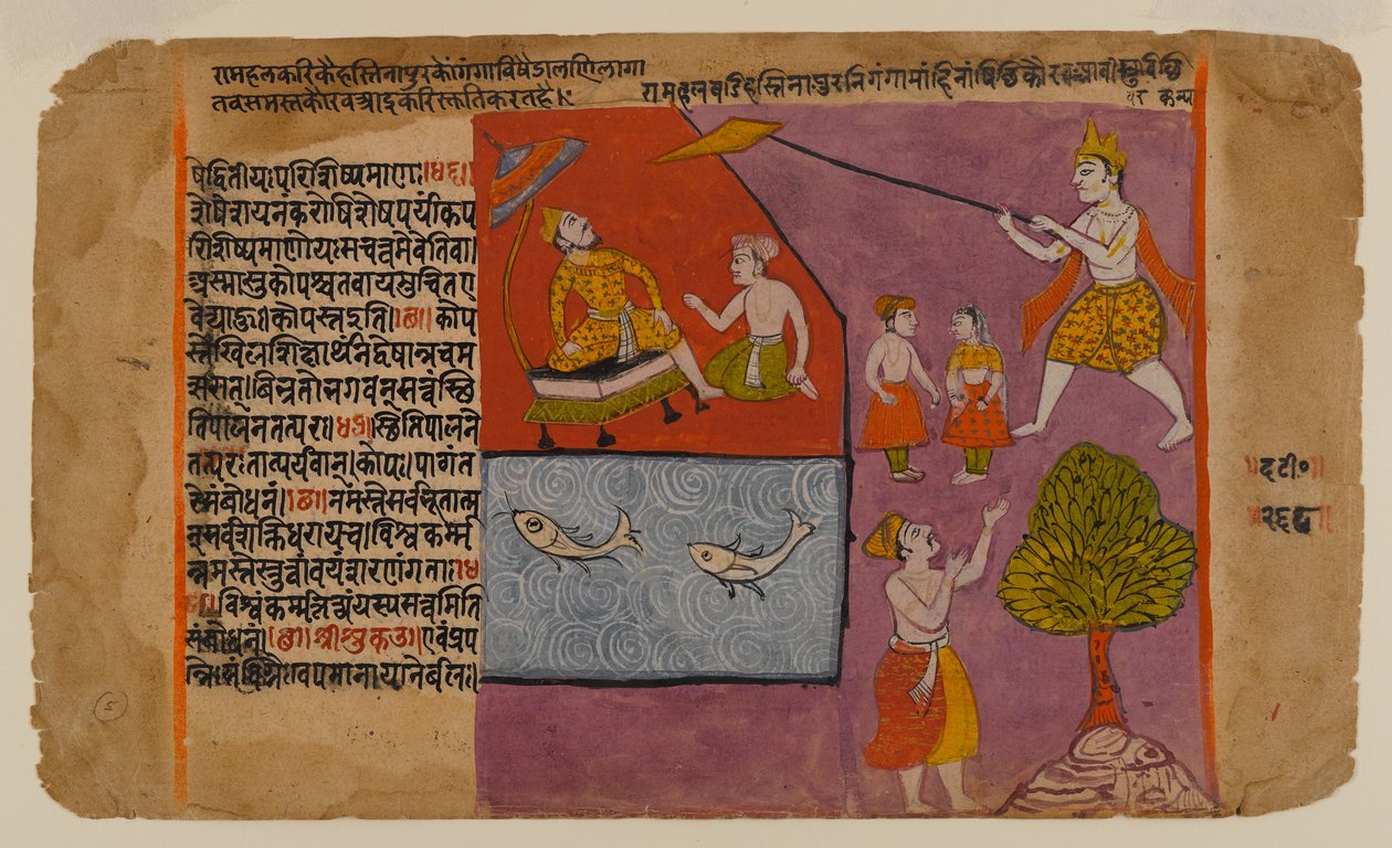 Balarama táhne Hastinapur směrem ke Gangě, stránka ze série Bhagavata Dasamskanda, polovina 17. století (wc, zlato a stříbro na papíře) od Indian School