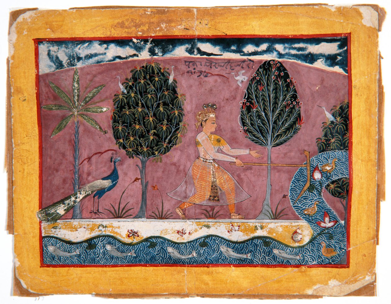 Balarama se svou radlicí u řeky Jamna, kolem 1590-1600 (neprůhledné wc a zlato na papíře) od Indian School