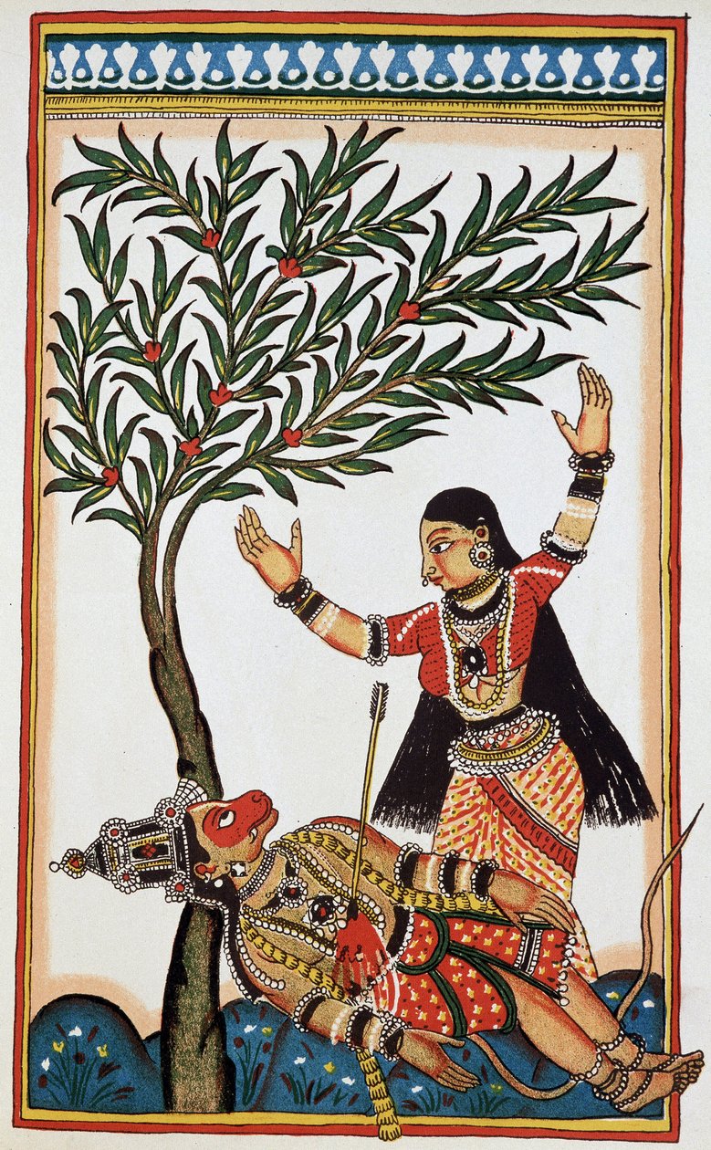 Bali zabit šípem, vedle něj Tara jeho žena, litho osmnáctá. od Indian School