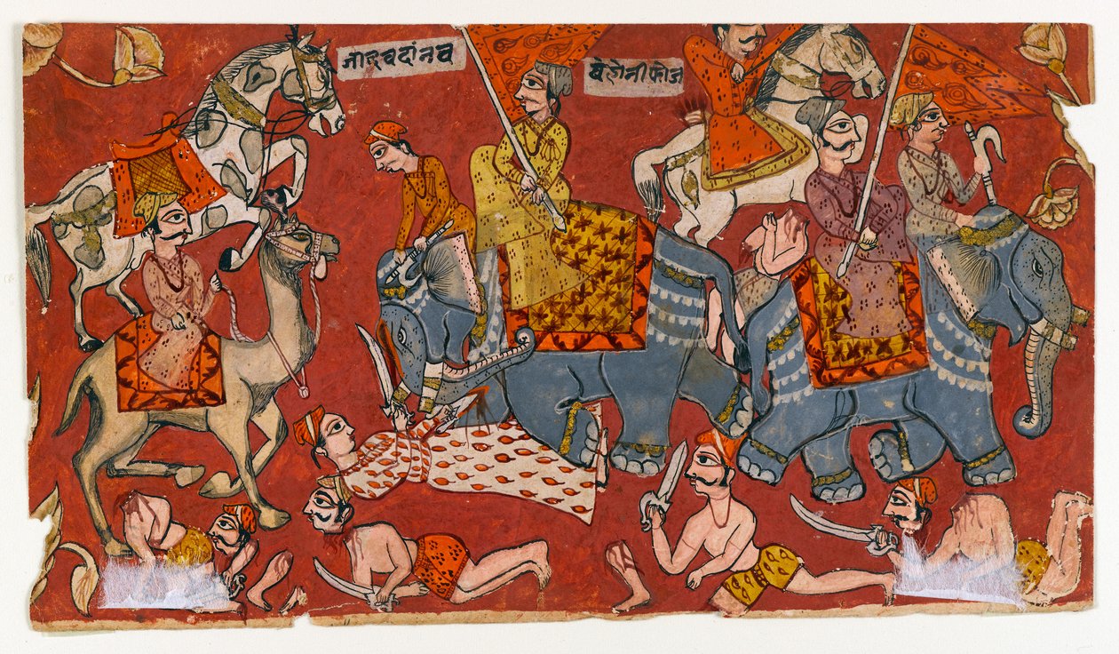 Bitevní scéna ze série Bhagavata Purana, cca 1625-50 (akvarel a zlato na papíře) (verze 499329) od Indian School