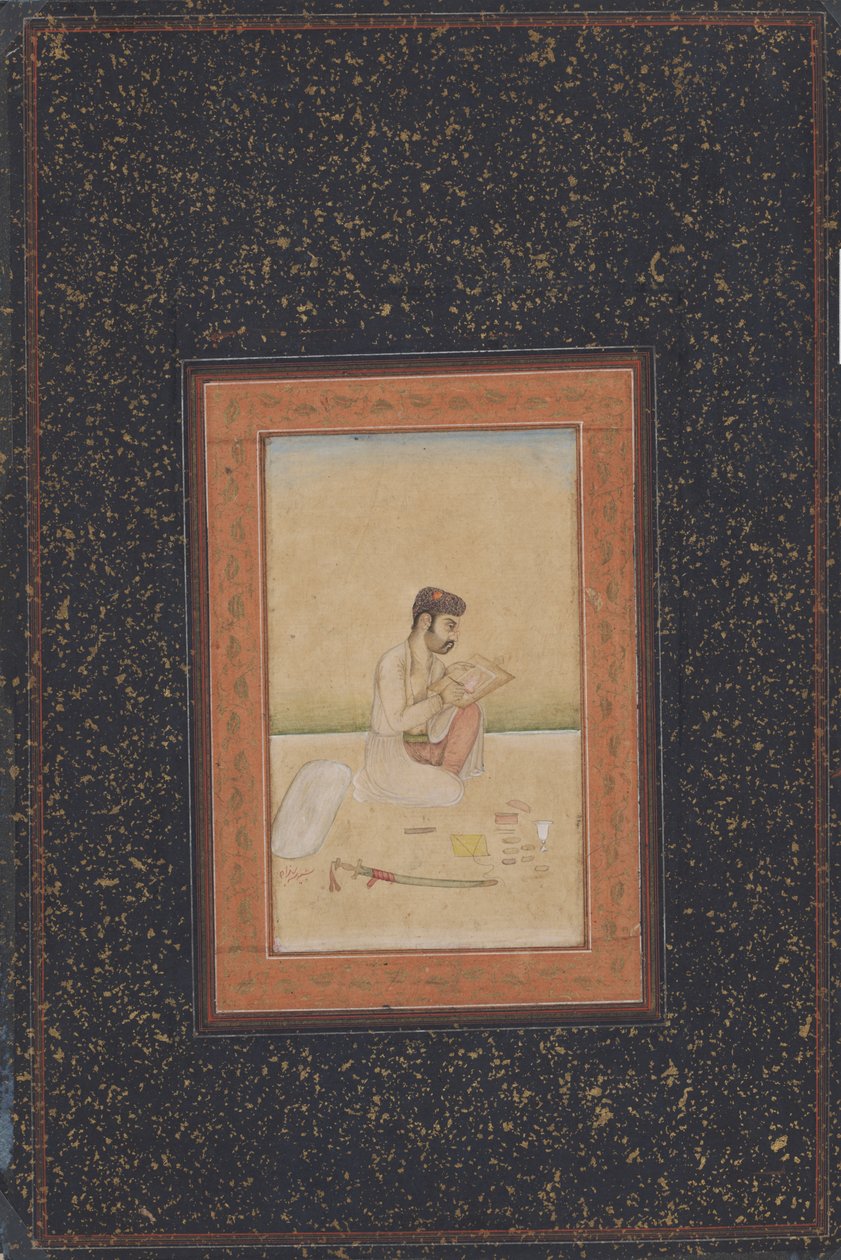 Malíř Behzad nosí brýle (inkoust, barva a zlato na papíře) od Indian School