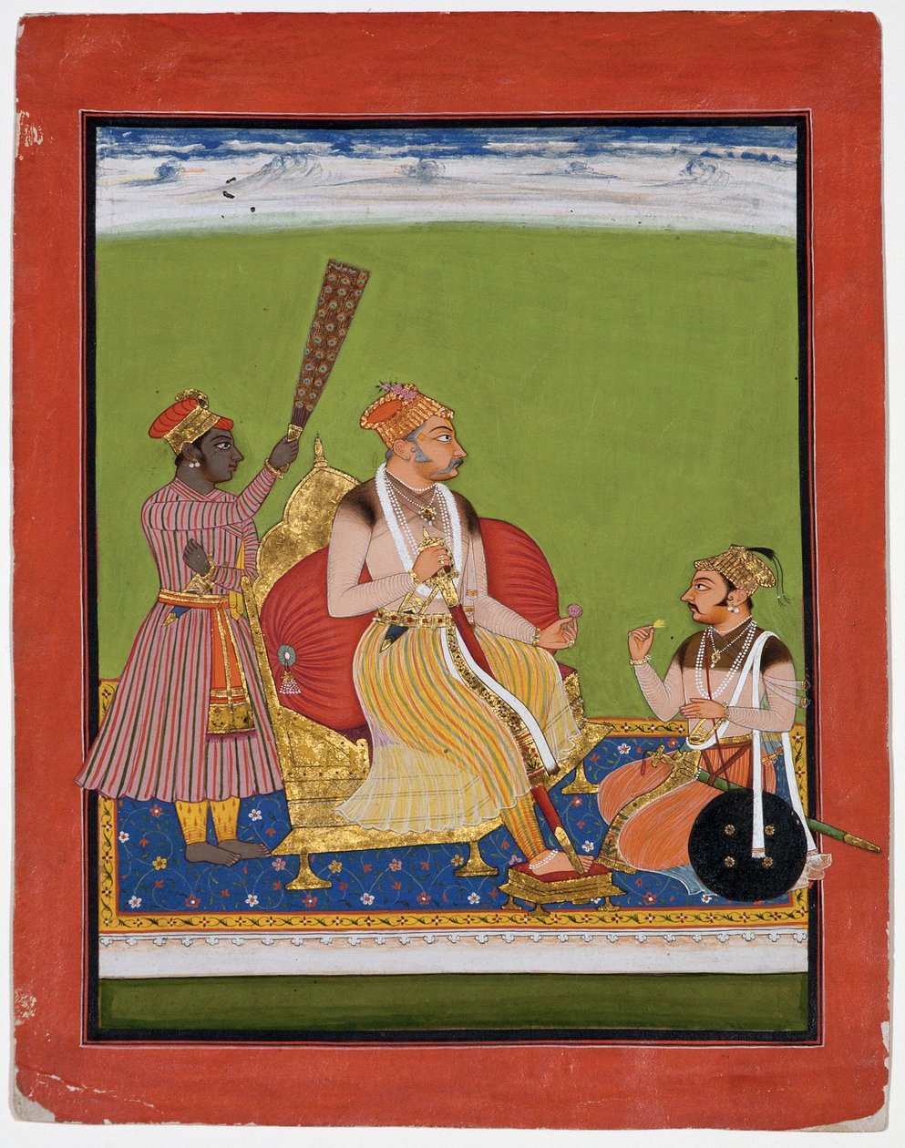 Bhao Singh na trůnu se šlechticem u nohou, kolem 1680 (neprůhledné wc a zlato na papíře) od Indian School